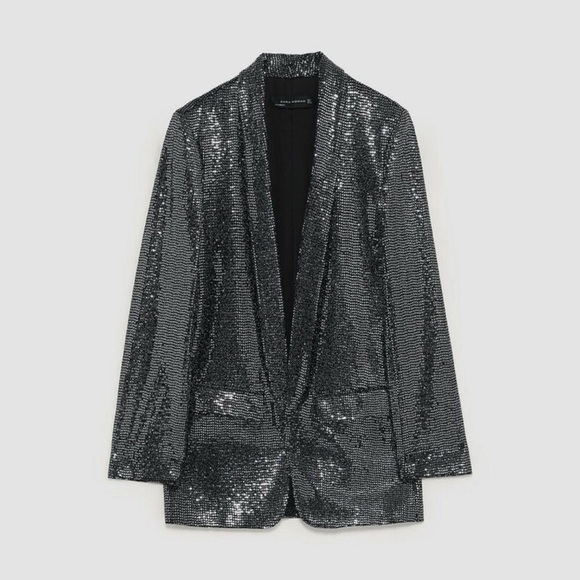 RARE ZARA SEQUINED SHINNY SILVER JACKET BLAZER BLOGGERS - Picture 3 of 4